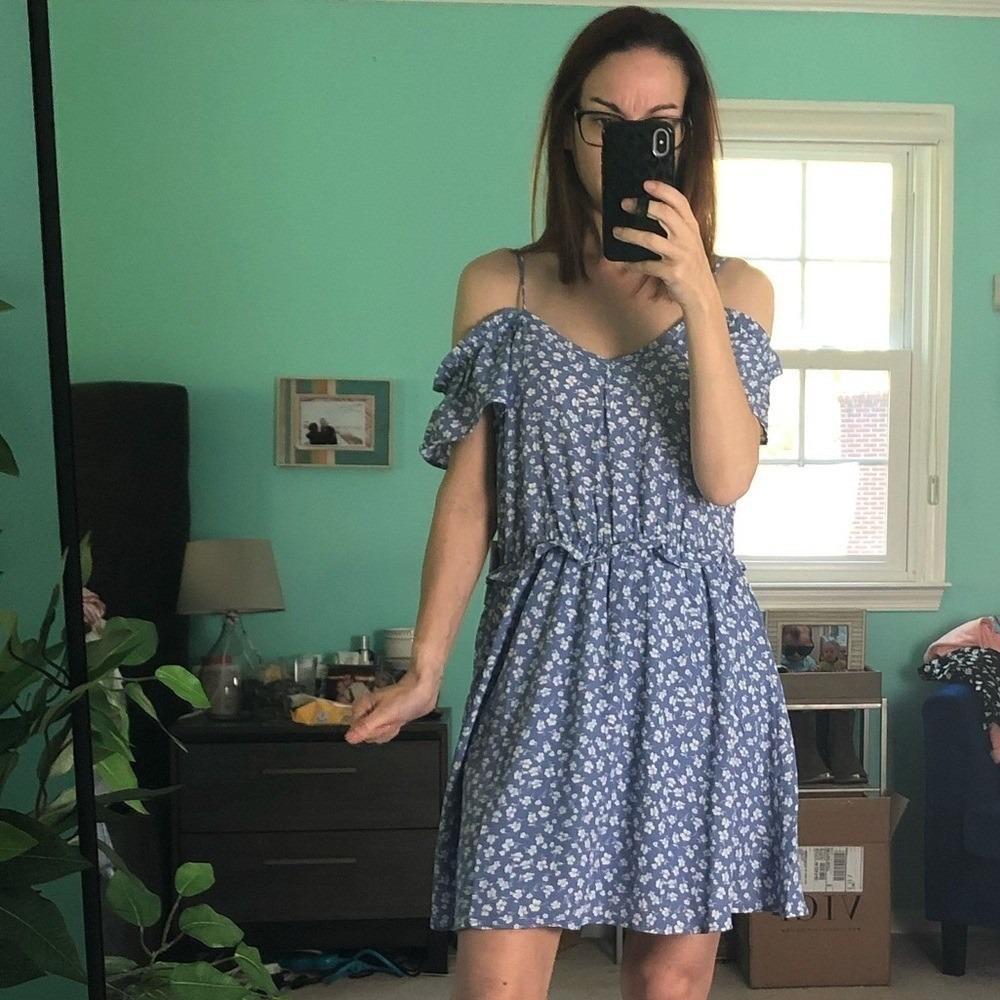 Jessica Simpson Blue White‎ Floral Off Shoulder Mini Dress Small Southern Belle
